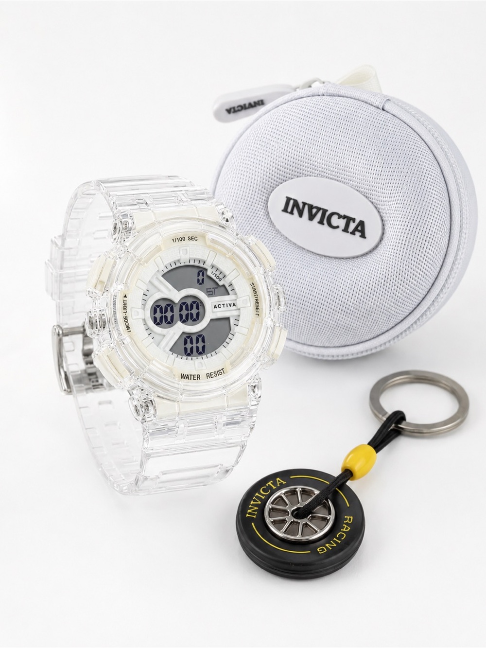 NEW Activa X Invicta Cyber Drift 43mm Clear White Digital Watch Set